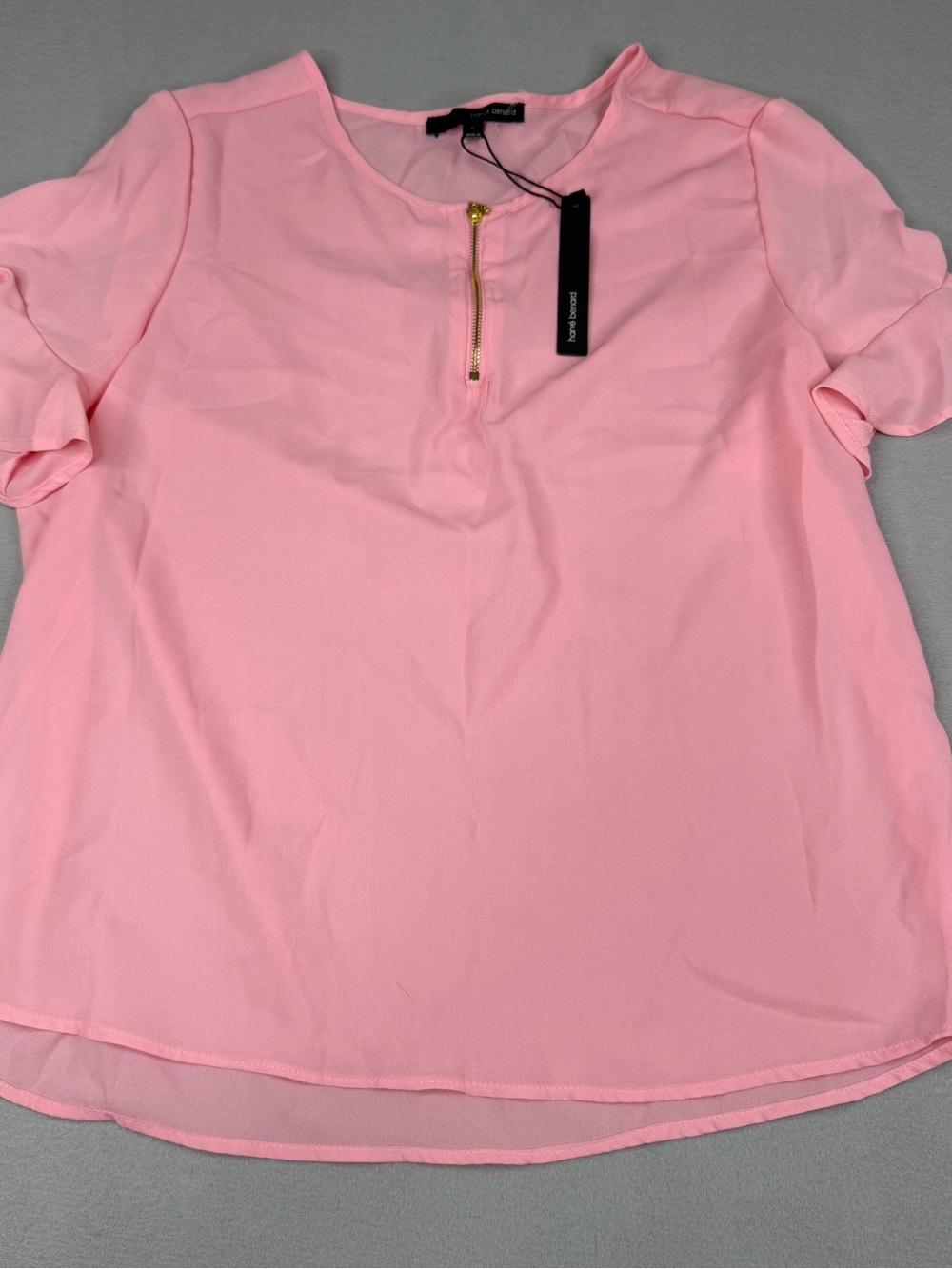 Harve Benard Blouse Womens Large Pink Gold Zip Flutter Sleeve Chiffon NWT